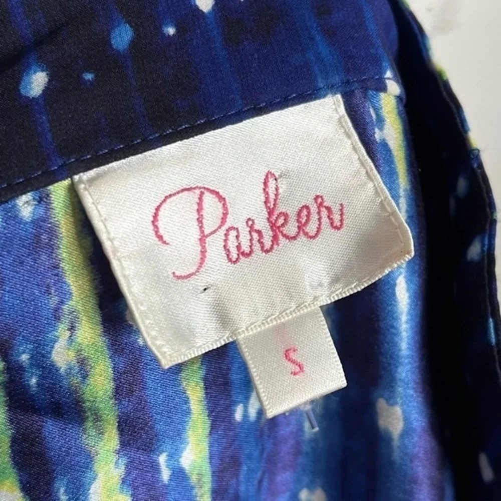 Parker • 100% Silk Blue Orange White Abstract Dress